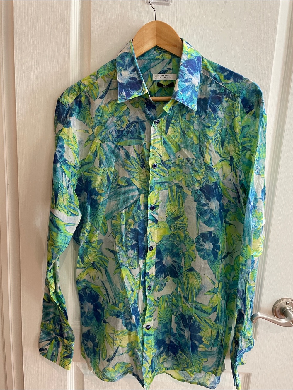Versace Tommy Bahama Blue and Green Floral Button-Down Shirt
